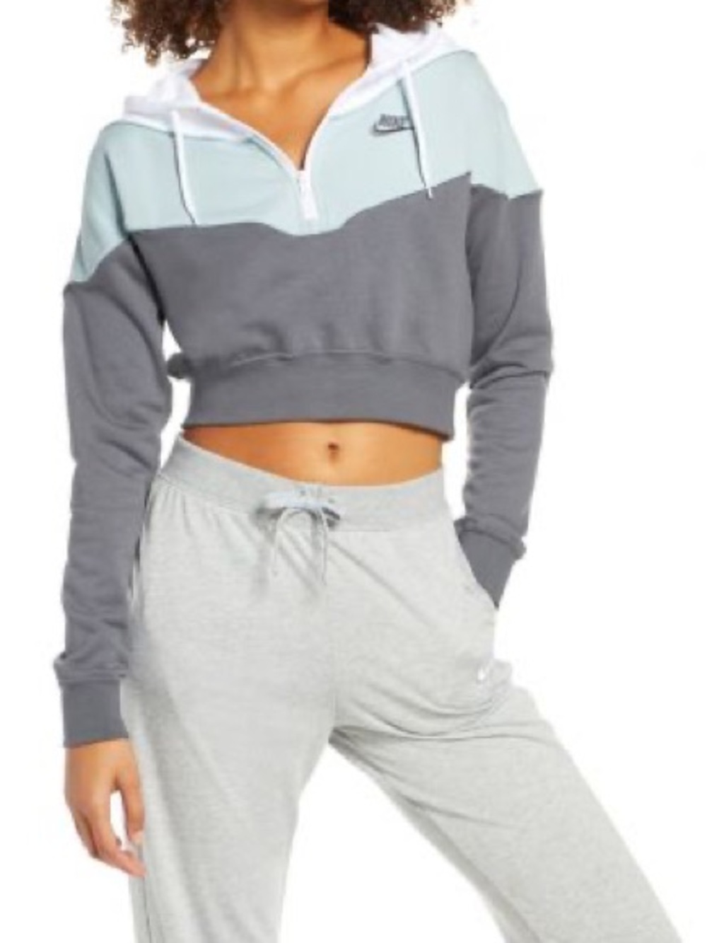 Nike Heritage Colorblock Cropped Sweatshirt Hoodie - Gray & Light Blue XL